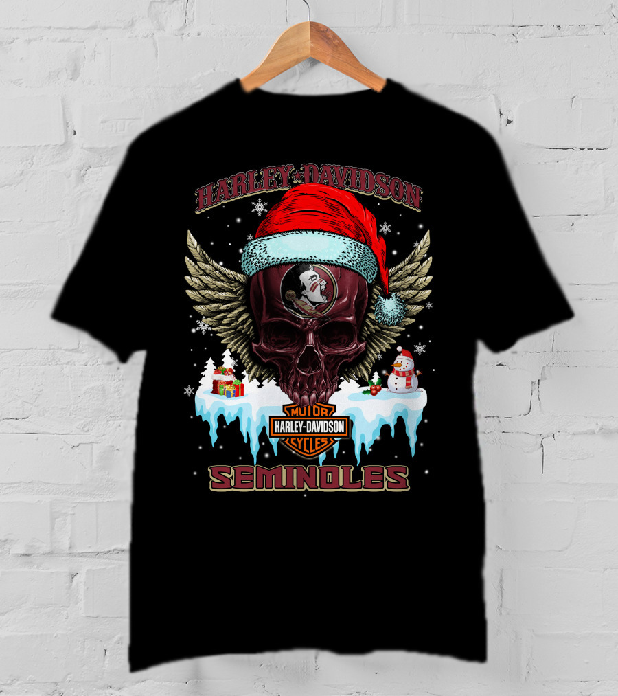 Harley Davidson Seminoles Christmas Skull With Wings And Santa Hat T-Shirt