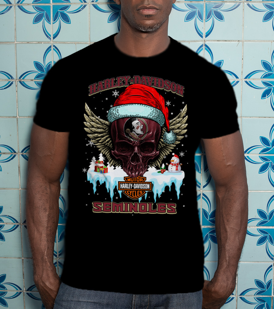 Harley Davidson Seminoles Christmas Skull With Wings And Santa Hat T-Shirt