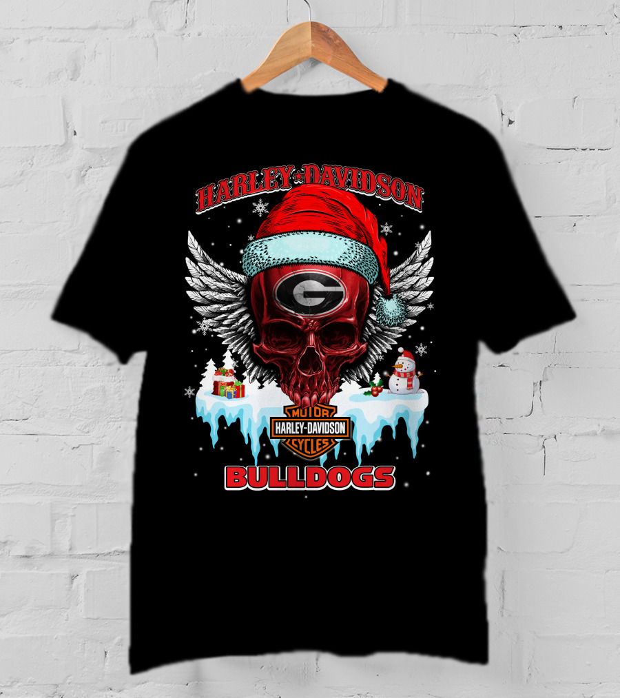 Harley Davidson Georgia Bulldogs Christmas Skull With Santa Hat T-Shirt