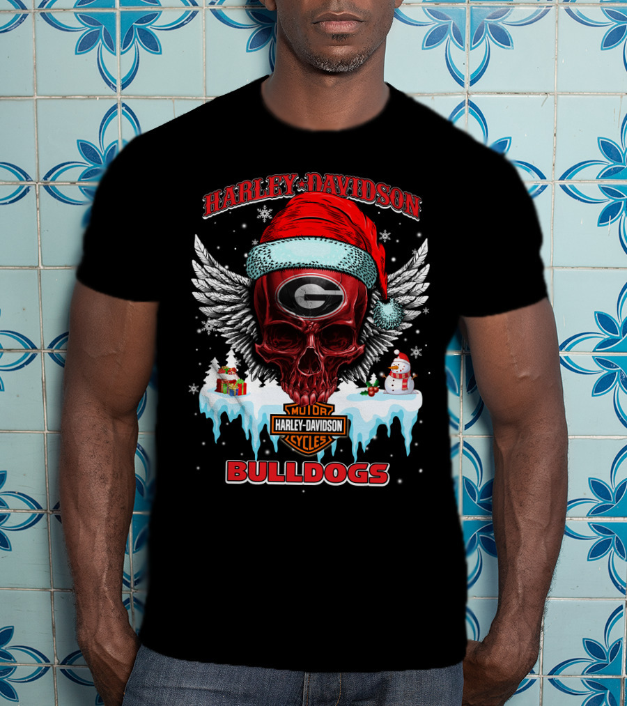 Harley Davidson Georgia Bulldogs Christmas Skull With Santa Hat T-Shirt