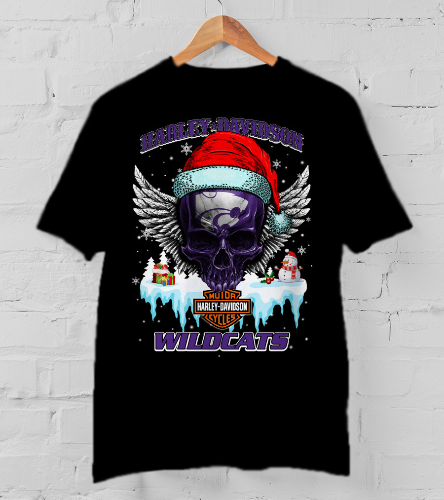 Harley Davidson Kansas State Wildcats Christmas Skull Wings T-Shirt