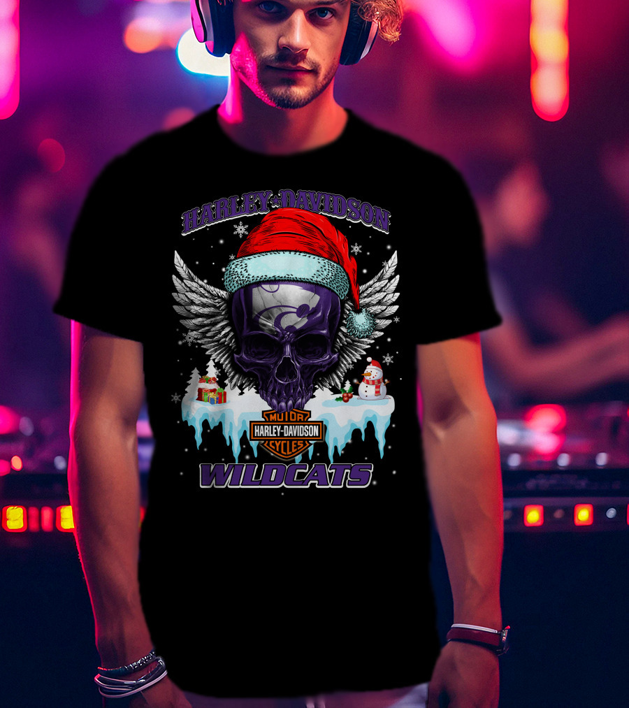 Harley Davidson Kansas State Wildcats Christmas Skull Wings T-Shirt
