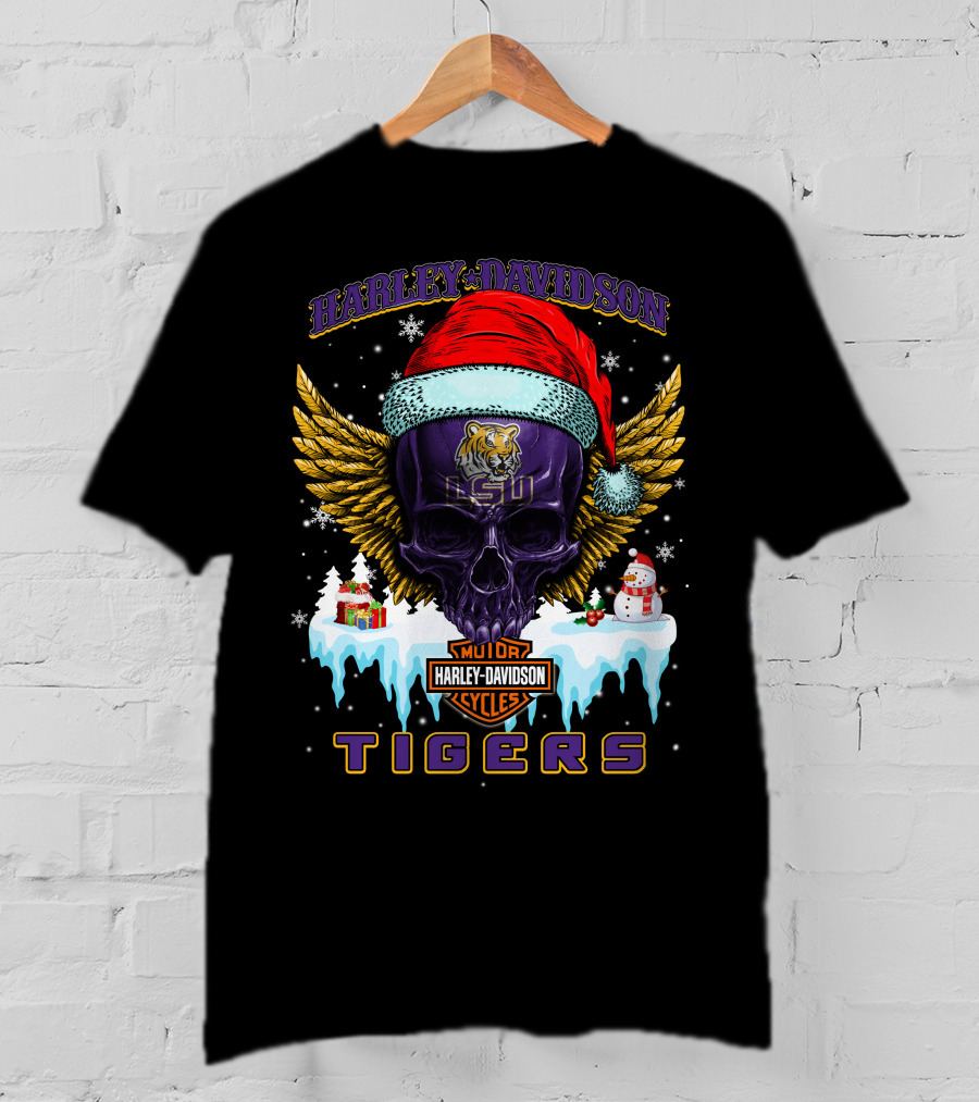 Harley Davidson Lsu Tigers Santa Skull Wings Baton Rouge Holiday Gifts T-Shirt