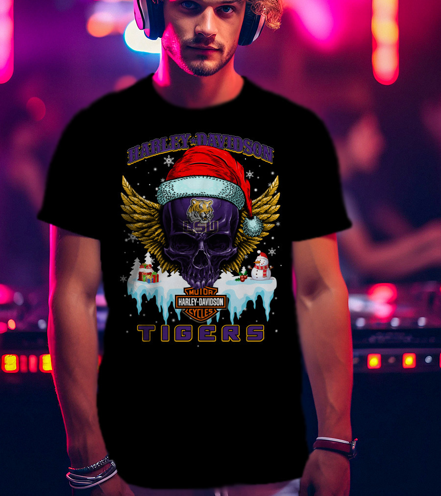 Harley Davidson Lsu Tigers Santa Skull Wings Baton Rouge Holiday Gifts T-Shirt