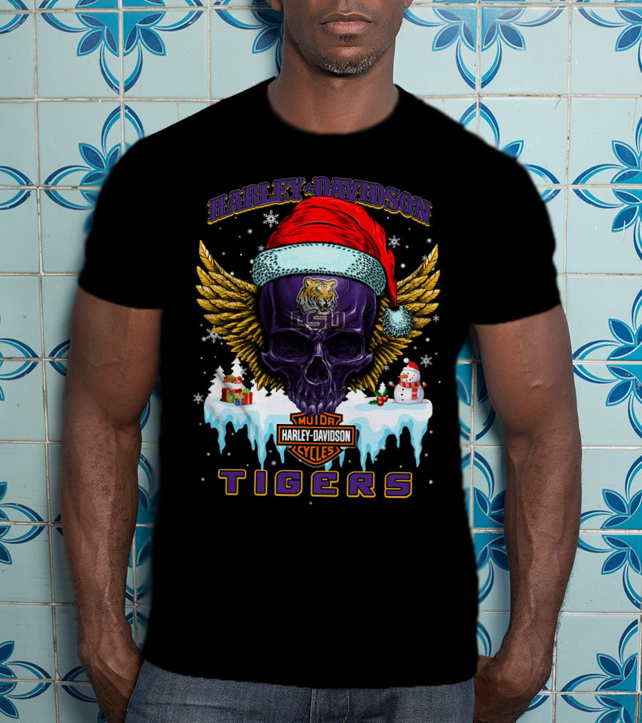 Harley Davidson Lsu Tigers Santa Skull Wings Baton Rouge Holiday Gifts T-Shirt