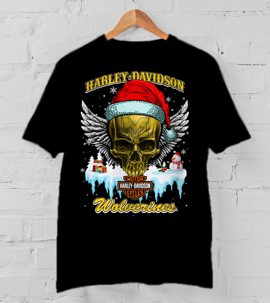 Harley Davidson Michigan Wolverines Skull Santa Hat Snowflake T-Shirt