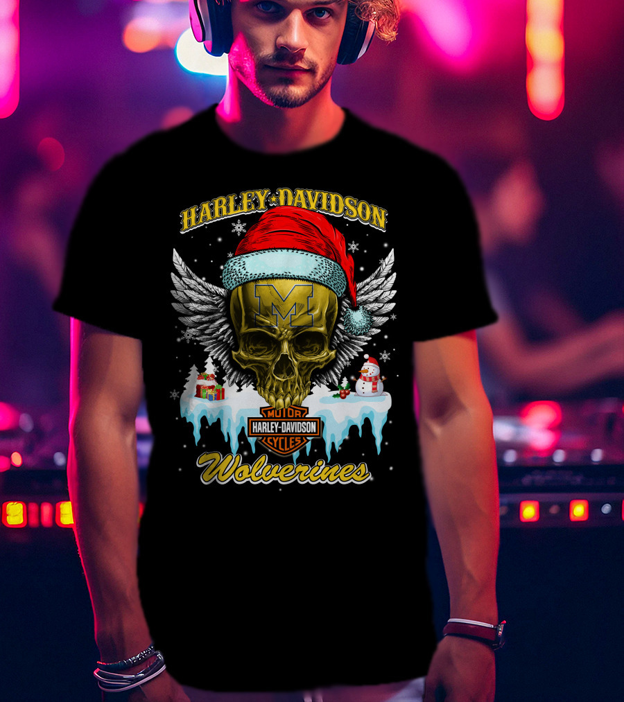 Harley Davidson Michigan Wolverines Skull Santa Hat Snowflake T-Shirt