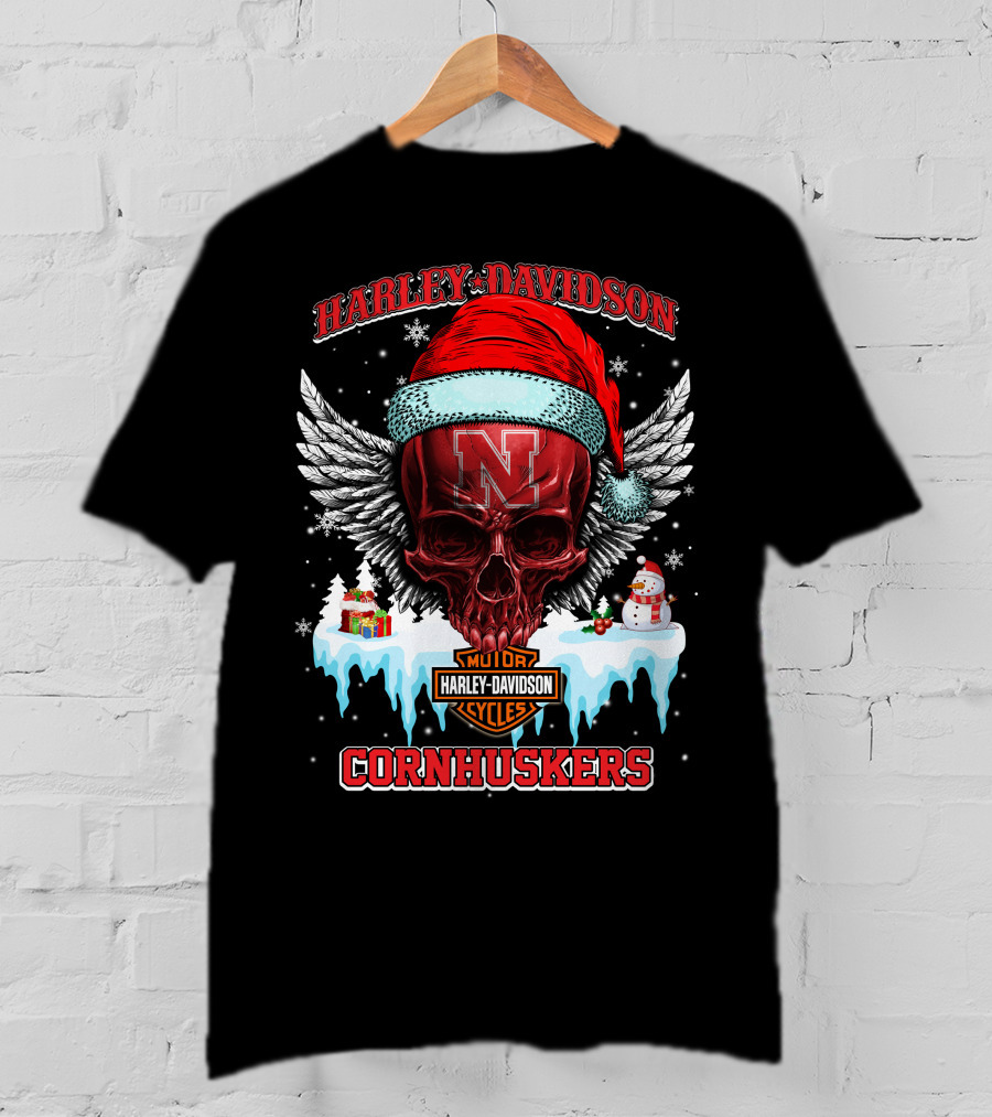 Harley Davidson Nebraska Cornhuskers Skull Santa Claus Wings Snowman T-Shirt