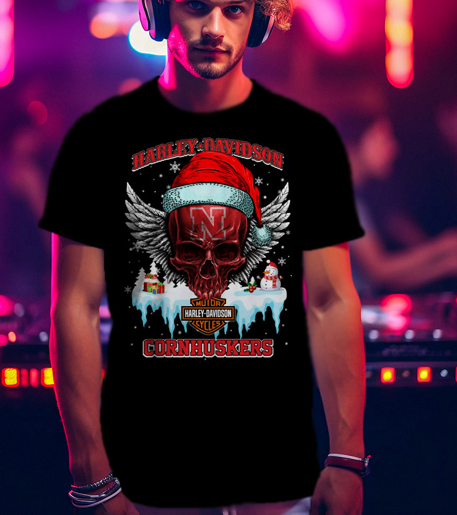 Harley Davidson Nebraska Cornhuskers Skull Santa Claus Wings Snowman T-Shirt