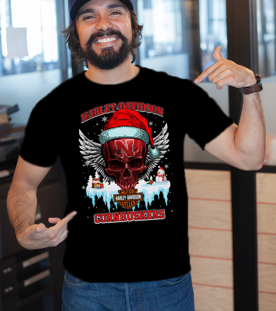 Harley Davidson Nebraska Cornhuskers Skull Santa Claus Wings Snowman T-Shirt