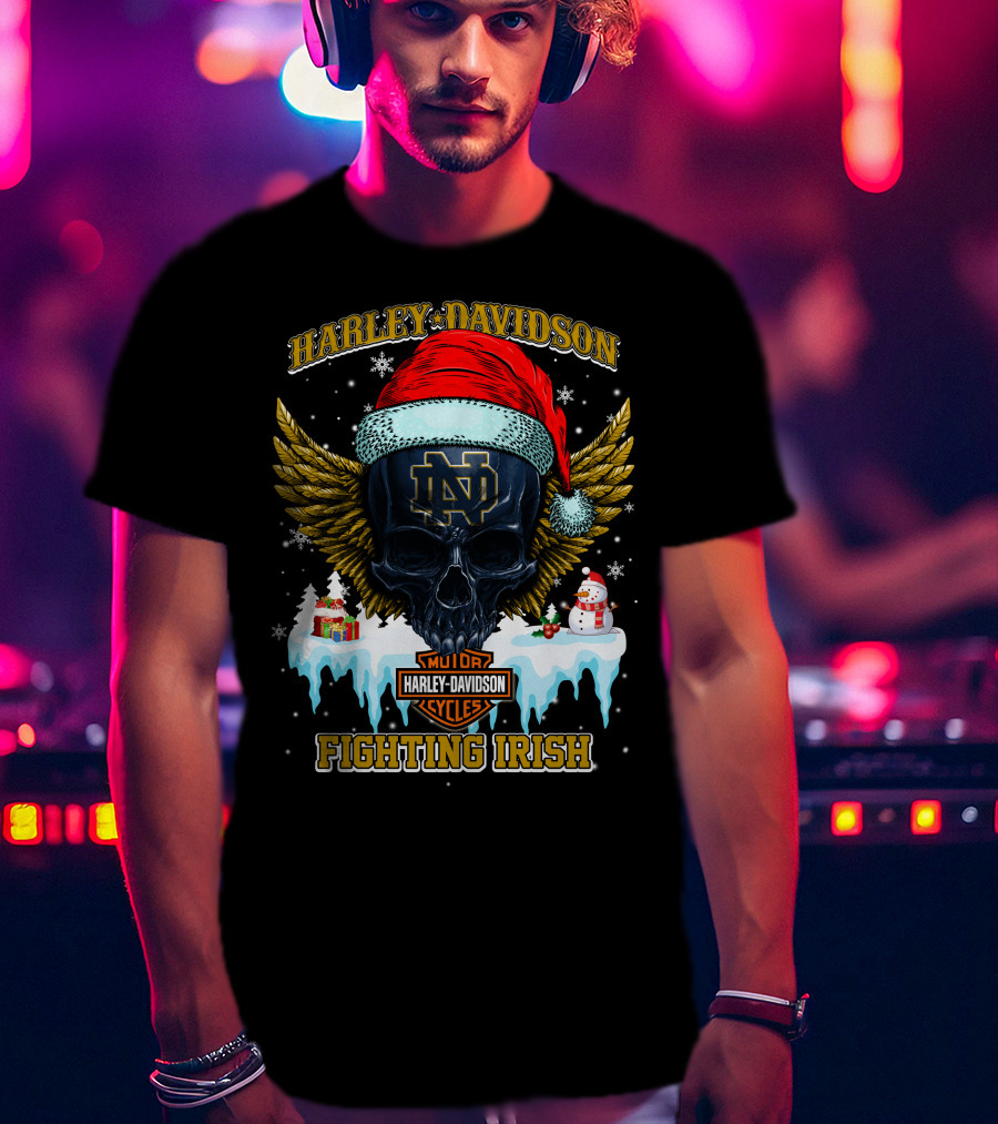 Harley Davidson Notre Dame Fighting Irish Santa Skull T-Shirt