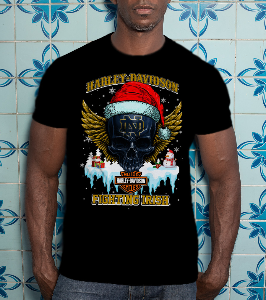 Harley Davidson Notre Dame Fighting Irish Santa Skull T-Shirt