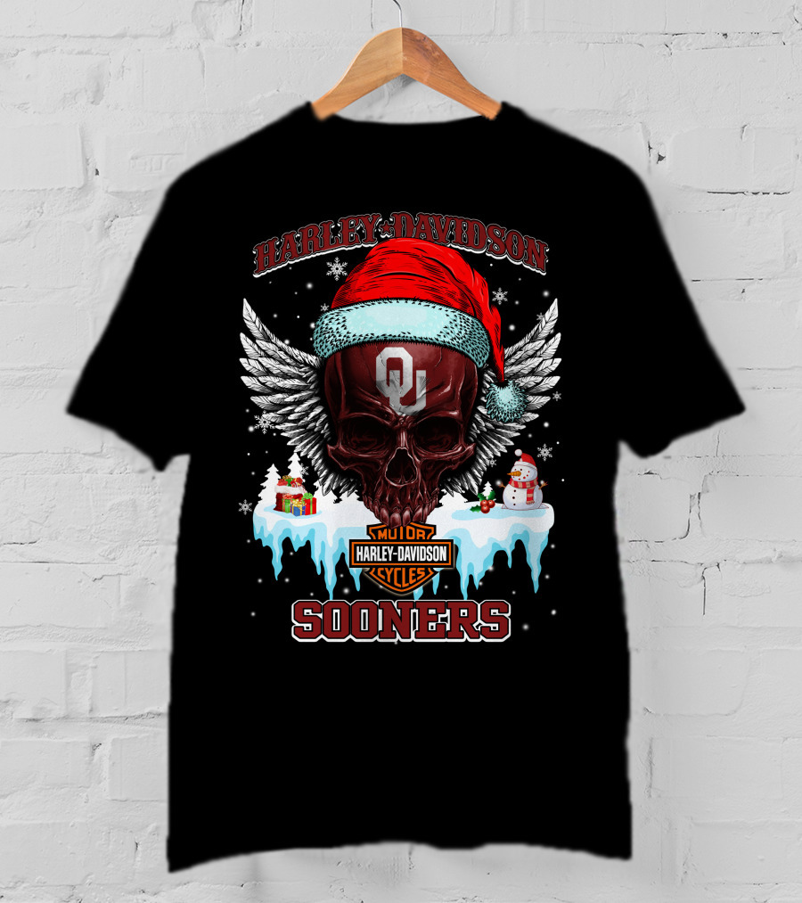 Harley Davidson Oklahoma Sooners Christmas Skull Wings T-Shirt