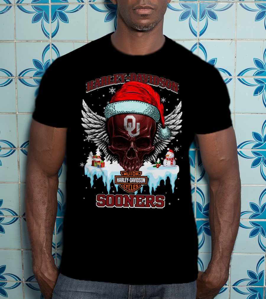 Harley Davidson Oklahoma Sooners Christmas Skull Wings T-Shirt