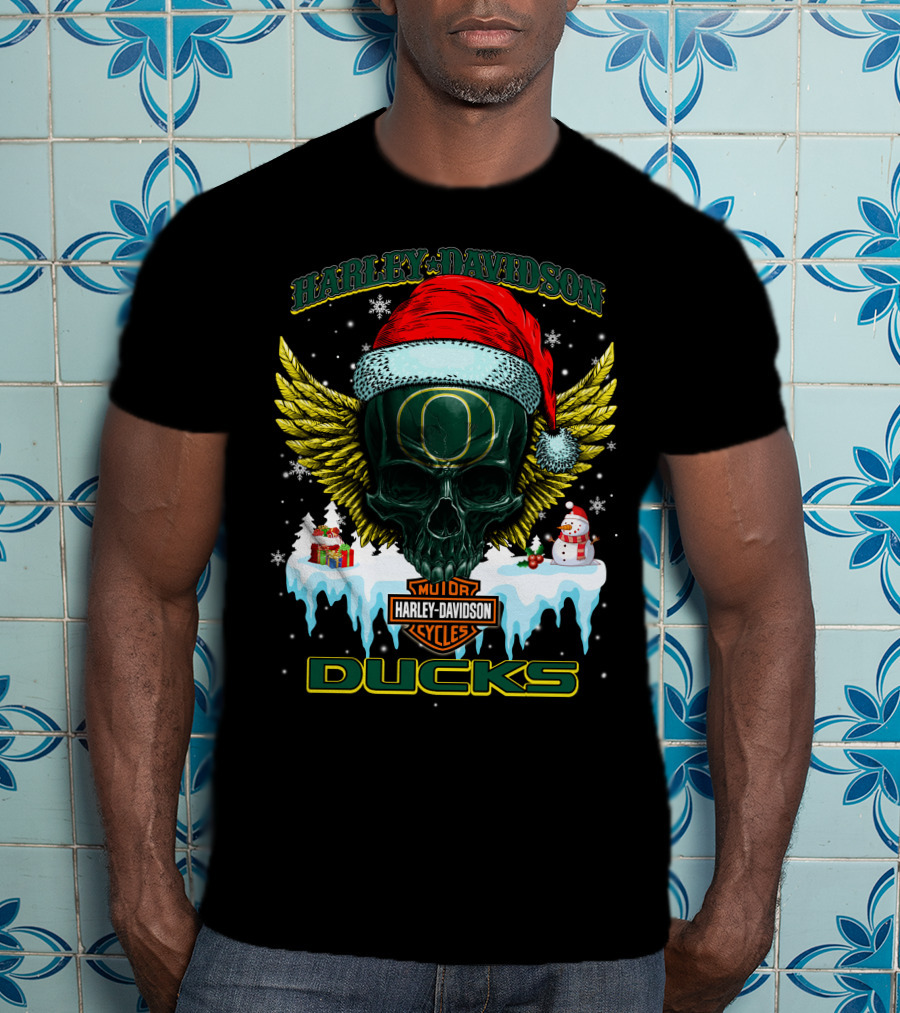Harley Davidson Oregon Ducks Santa Skull Snowman Holiday T-Shirt