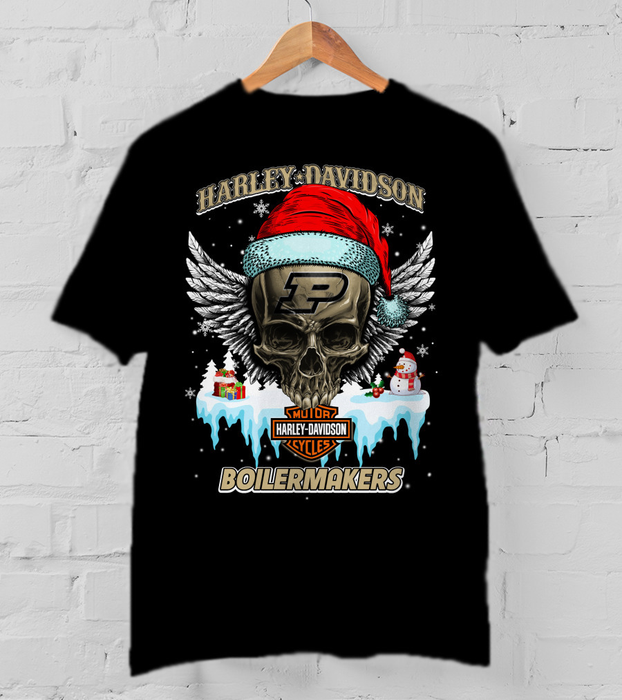 Harley Davidson Purdue Boilermakers Skull With Santa Hat And Snowflakes T-Shirt