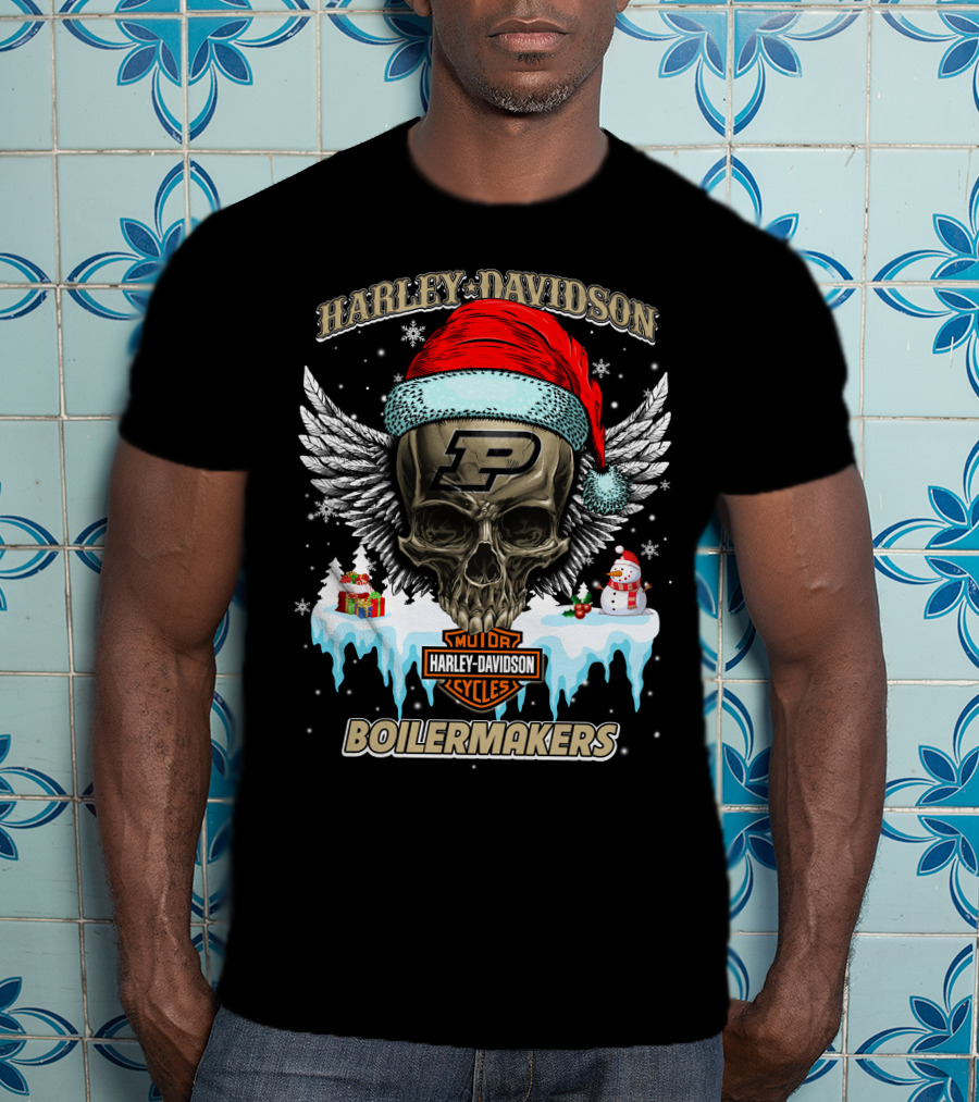 Harley Davidson Purdue Boilermakers Skull With Santa Hat And Snowflakes T-Shirt