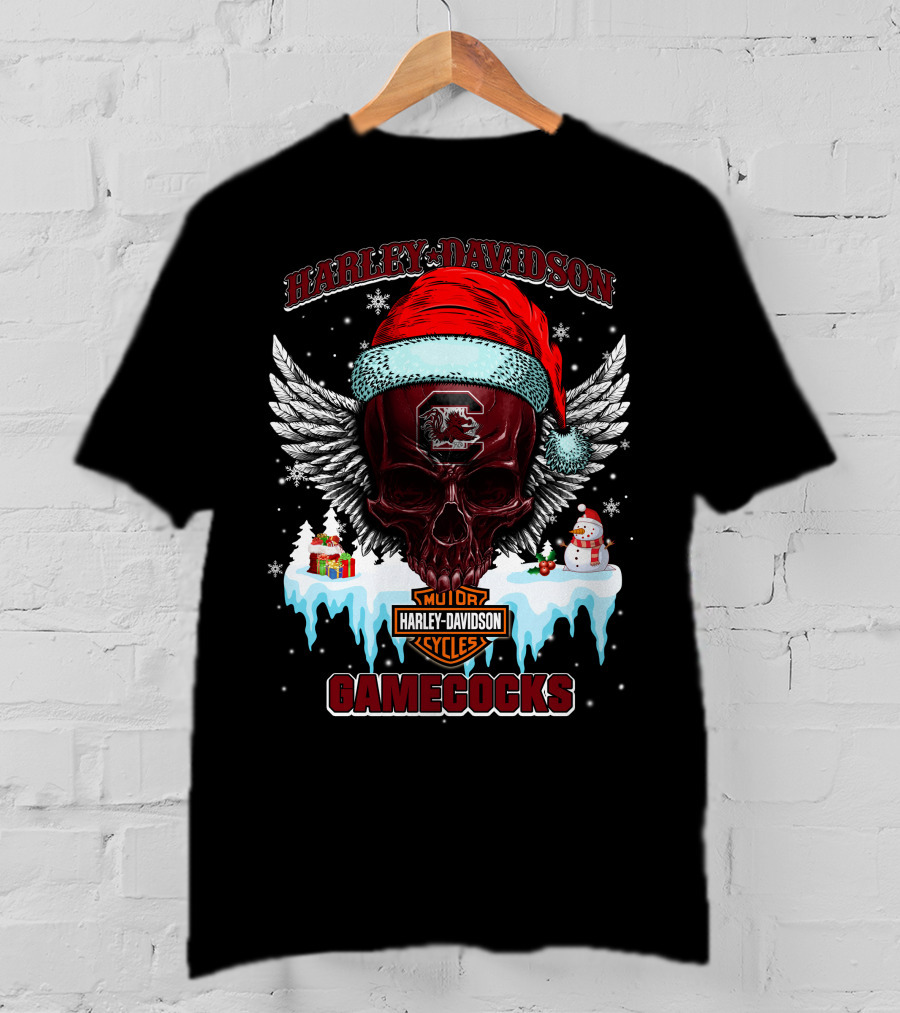 Harley Davidson Gamecocks Christmas Skull With Santa Hat And Snowman T-Shirt