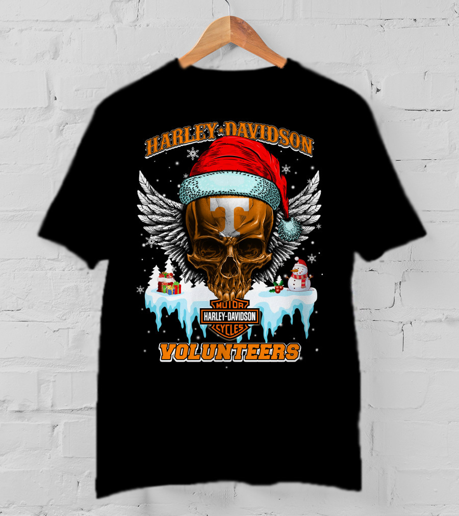 Harley Davidson Motor Cycles Tennessee Volunteers Santa Skull T-Shirt