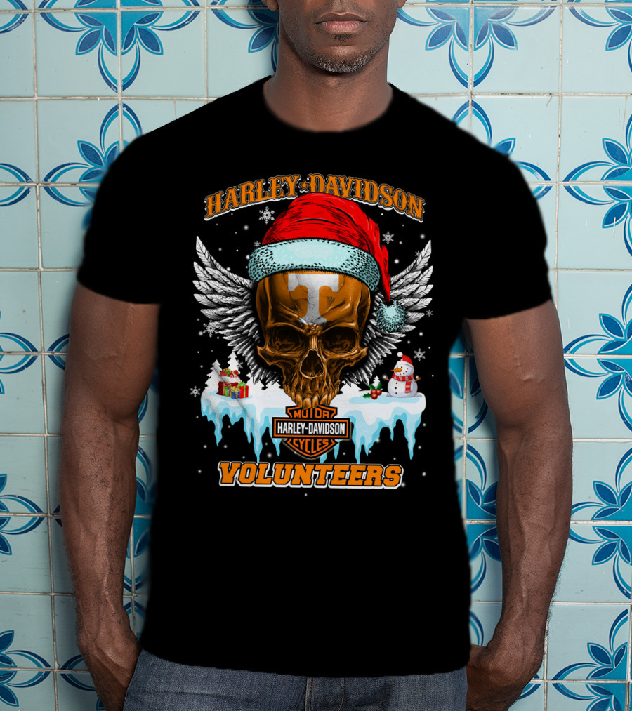 Harley Davidson Motor Cycles Tennessee Volunteers Santa Skull T-Shirt