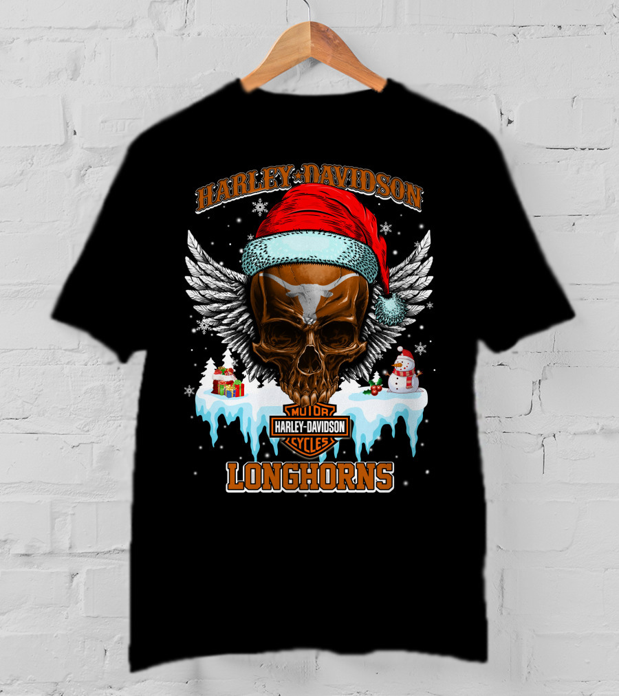 Harley Davidson Motor Cycles Longhorns Santa Skull Wings T-Shirt