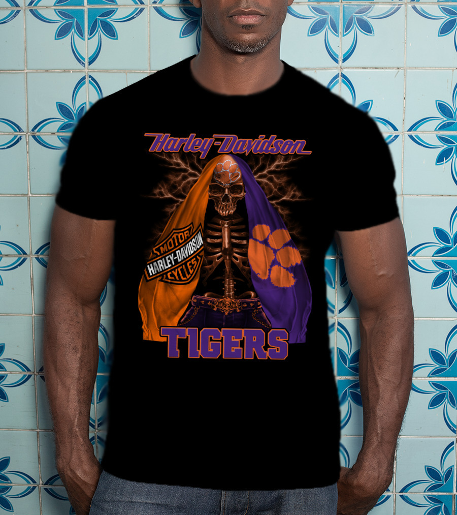 Harley Davidson Clemson Tigers Motorcycle Skeleton T-Shirt