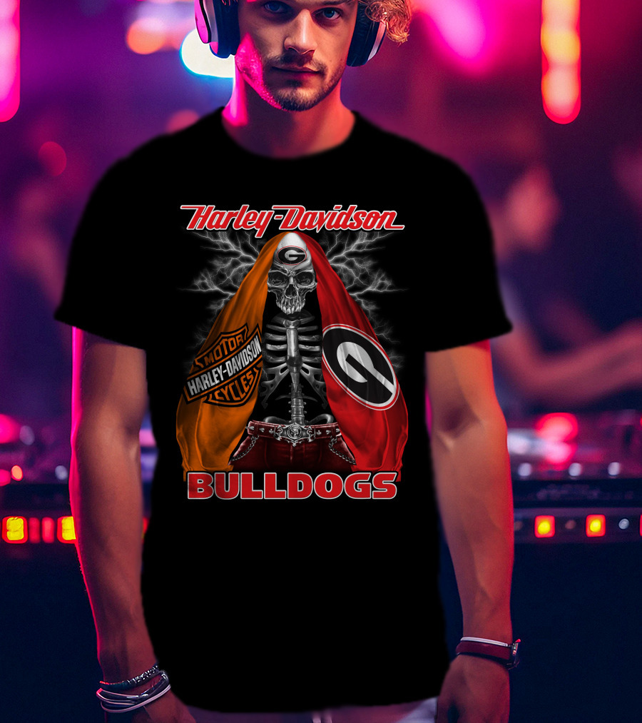 Harley Davidson Georgia Bulldogs Skeleton Lightning Motorcycles T-Shirt