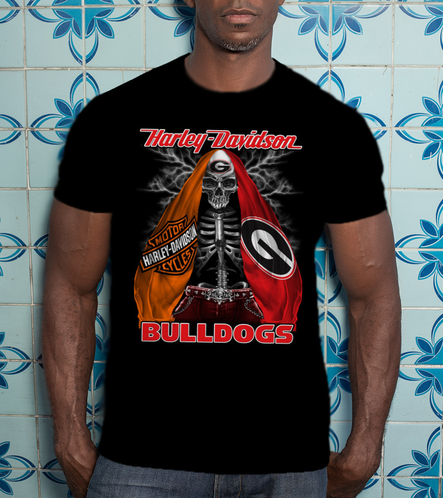 Harley Davidson Georgia Bulldogs Skeleton Lightning Motorcycles T-Shirt