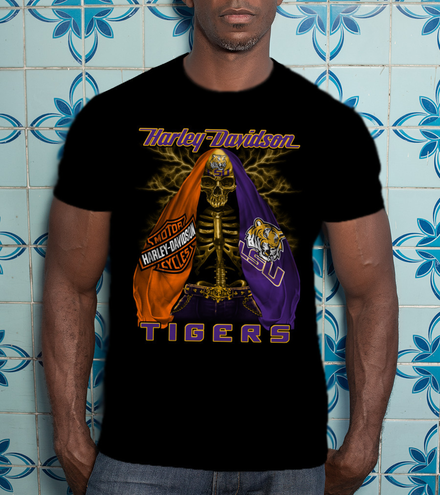 Harley Davidson Lsu Tigers Skeleton Motorcycles T-Shirt