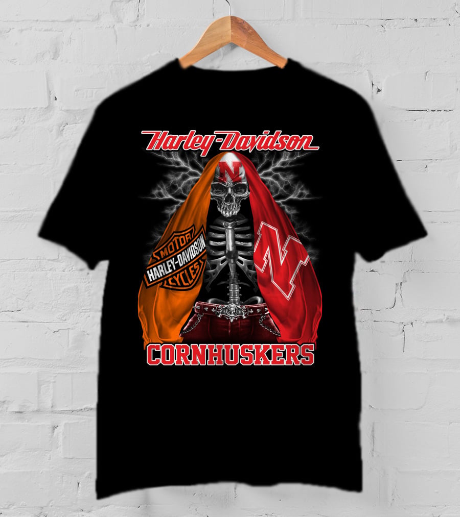 Harley Davidson Nebraska Cornhuskers Skeleton With Logo Cloak T-Shirt