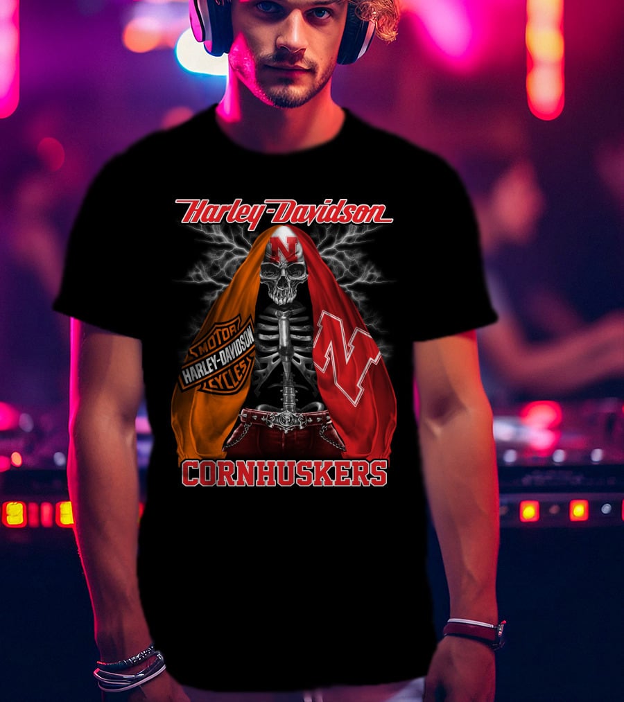 Harley Davidson Nebraska Cornhuskers Skeleton With Logo Cloak T-Shirt