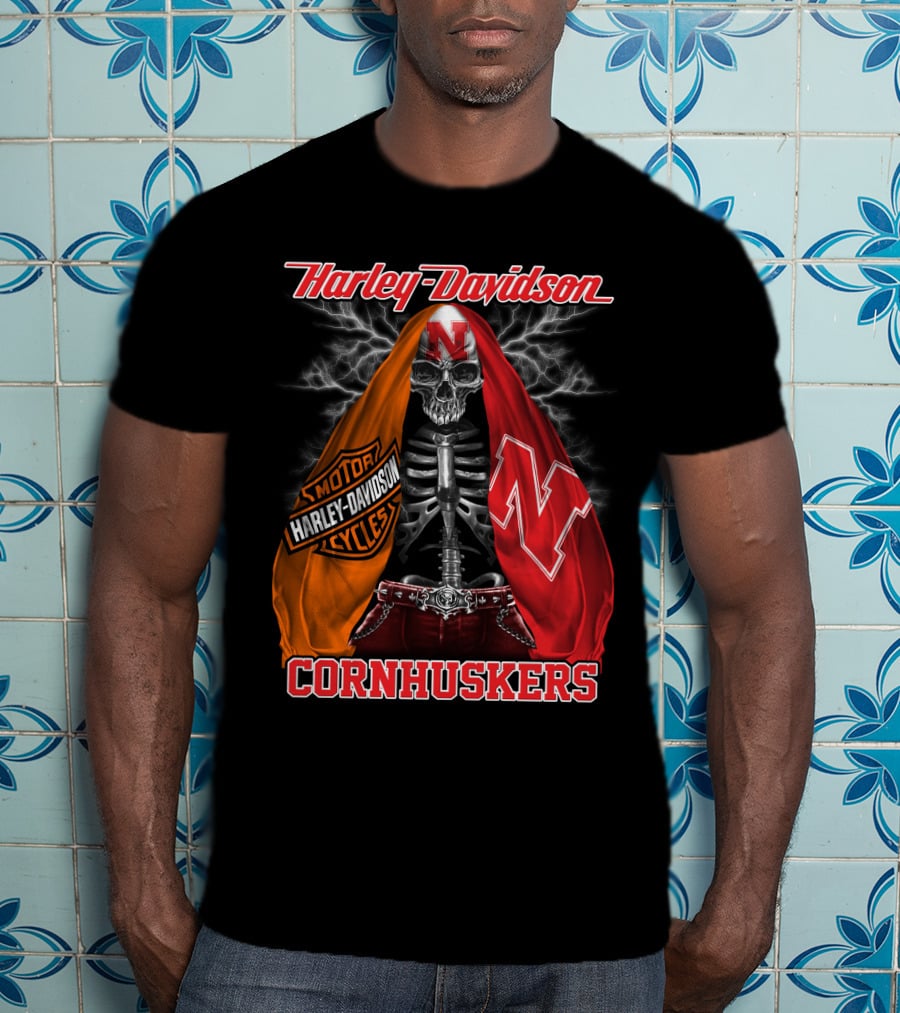 Harley Davidson Nebraska Cornhuskers Skeleton With Logo Cloak T-Shirt