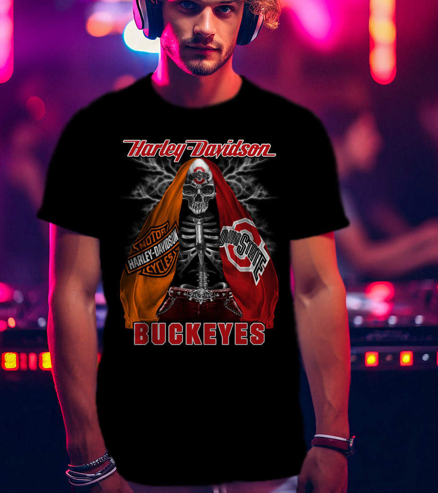 Harley Davidson Ohio State Buckeyes Skeleton Motocycles T-Shirt