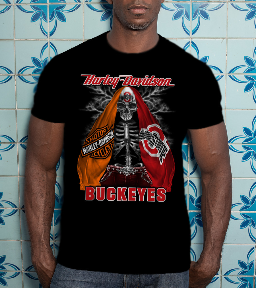 Harley Davidson Ohio State Buckeyes Skeleton Motocycles T-Shirt