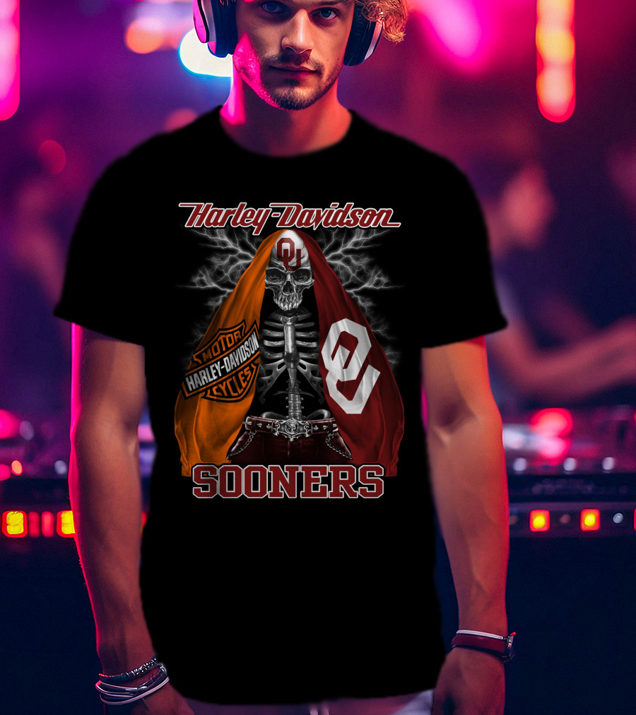 Harley Davidson Oklahoma Sooners Skeleton Thunderbolt T-Shirt