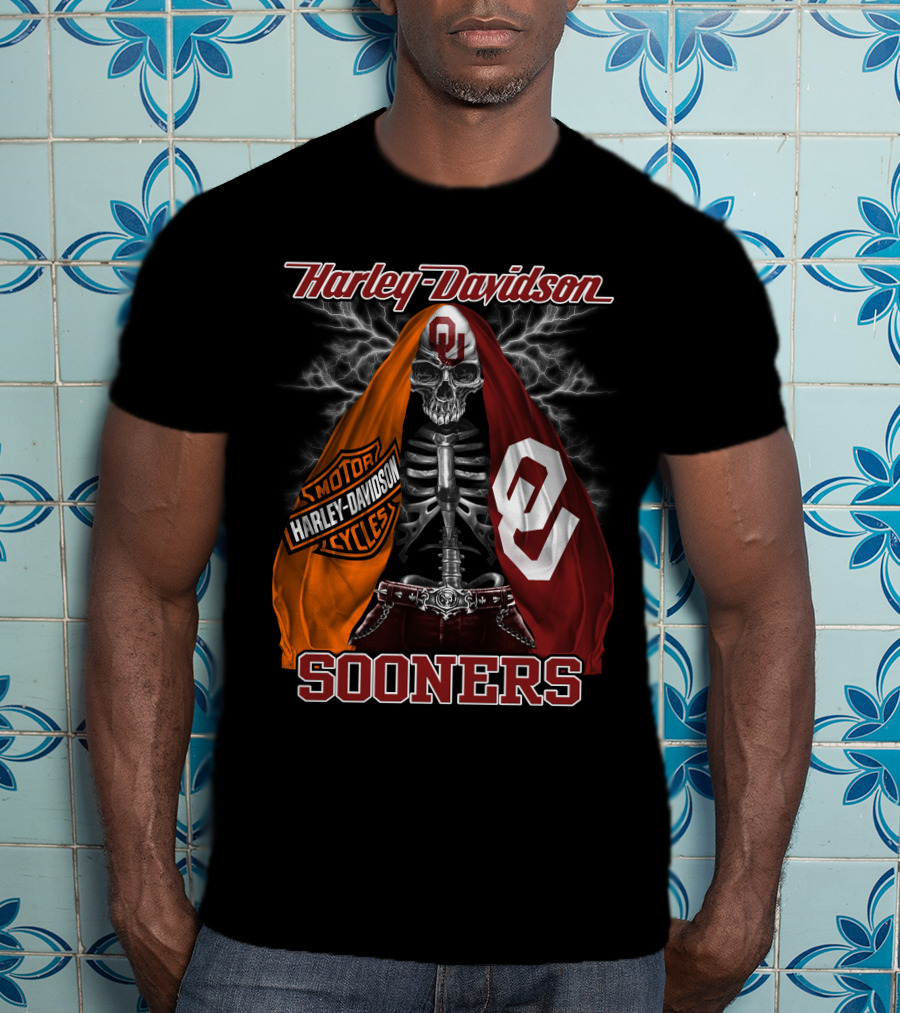 Harley Davidson Oklahoma Sooners Skeleton Thunderbolt T-Shirt