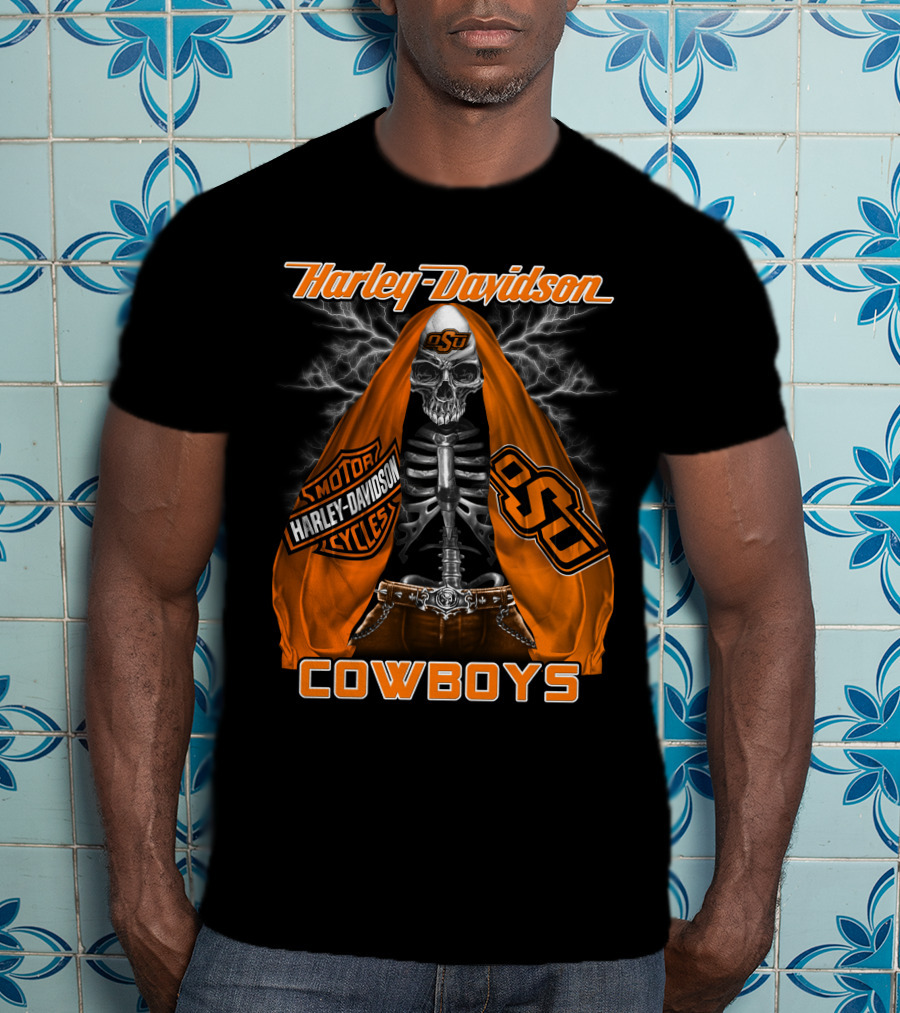 Harley Davidson Oklahoma State Cowboys Skeleton Osu Motorcycle T-Shirt