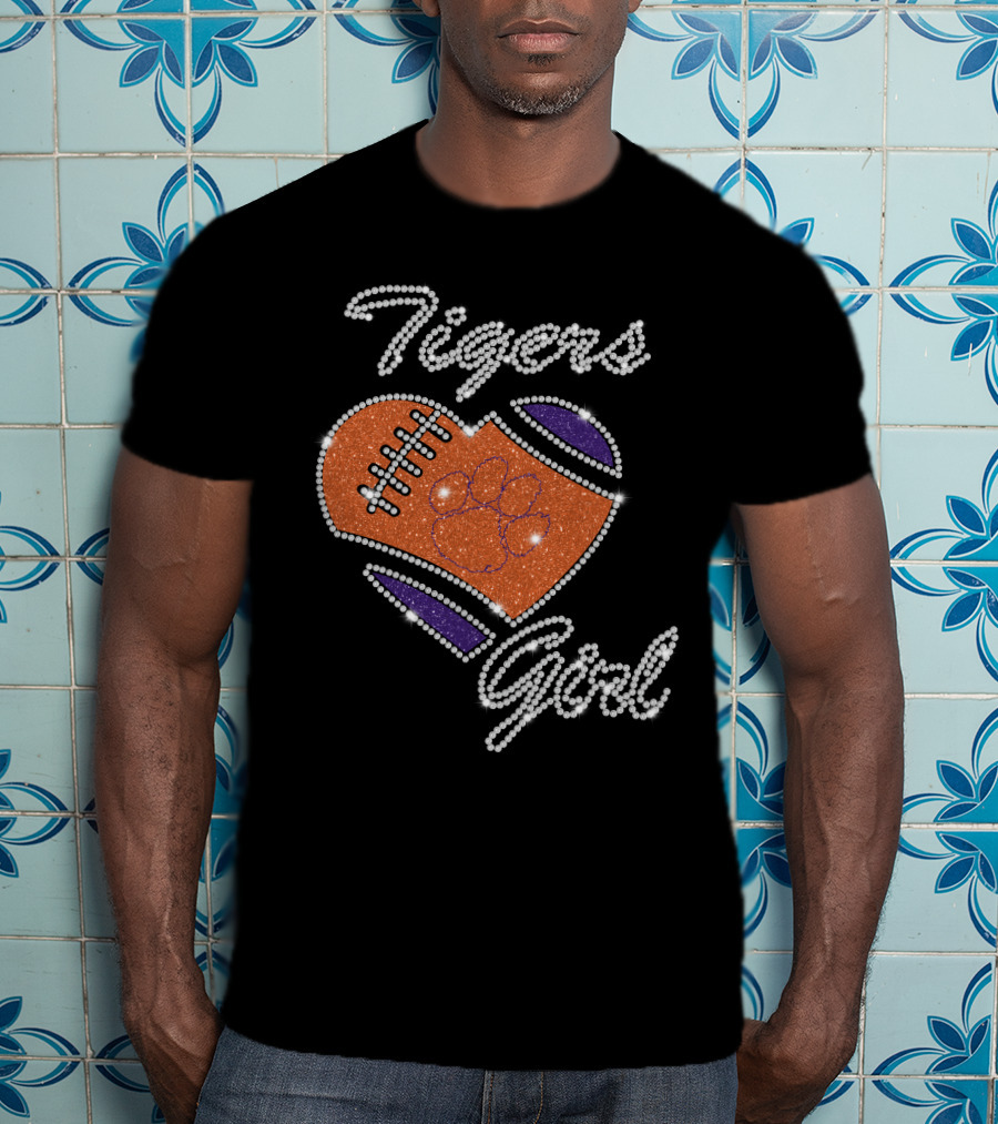 Tigers Girl Heart Football Clemson Paw T-Shirt