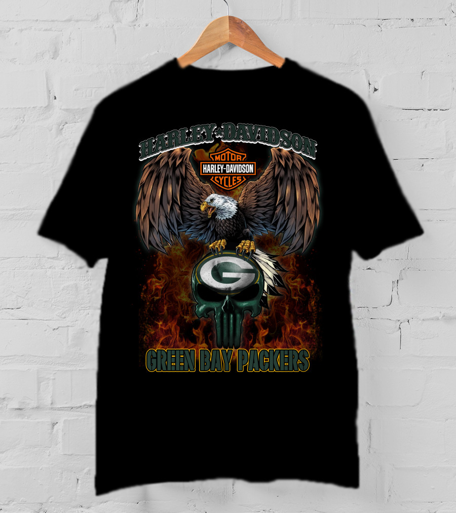 Harley Davidson Green Bay Packers Eagle And Flaming Skull T-Shirt
