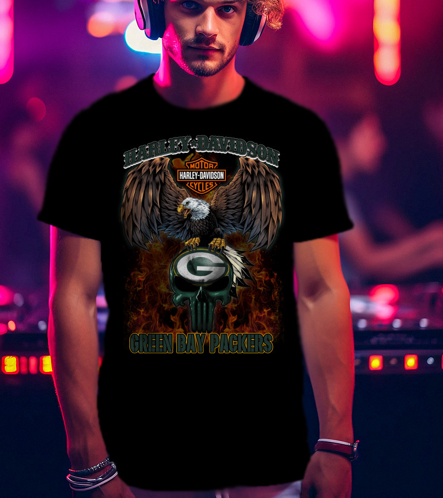 Harley Davidson Green Bay Packers Eagle And Flaming Skull T-Shirt