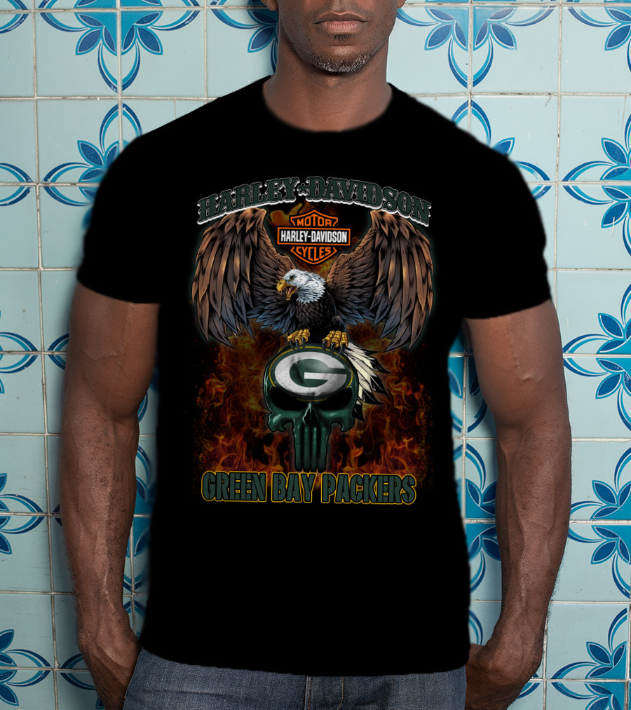 Harley Davidson Green Bay Packers Eagle And Flaming Skull T-Shirt