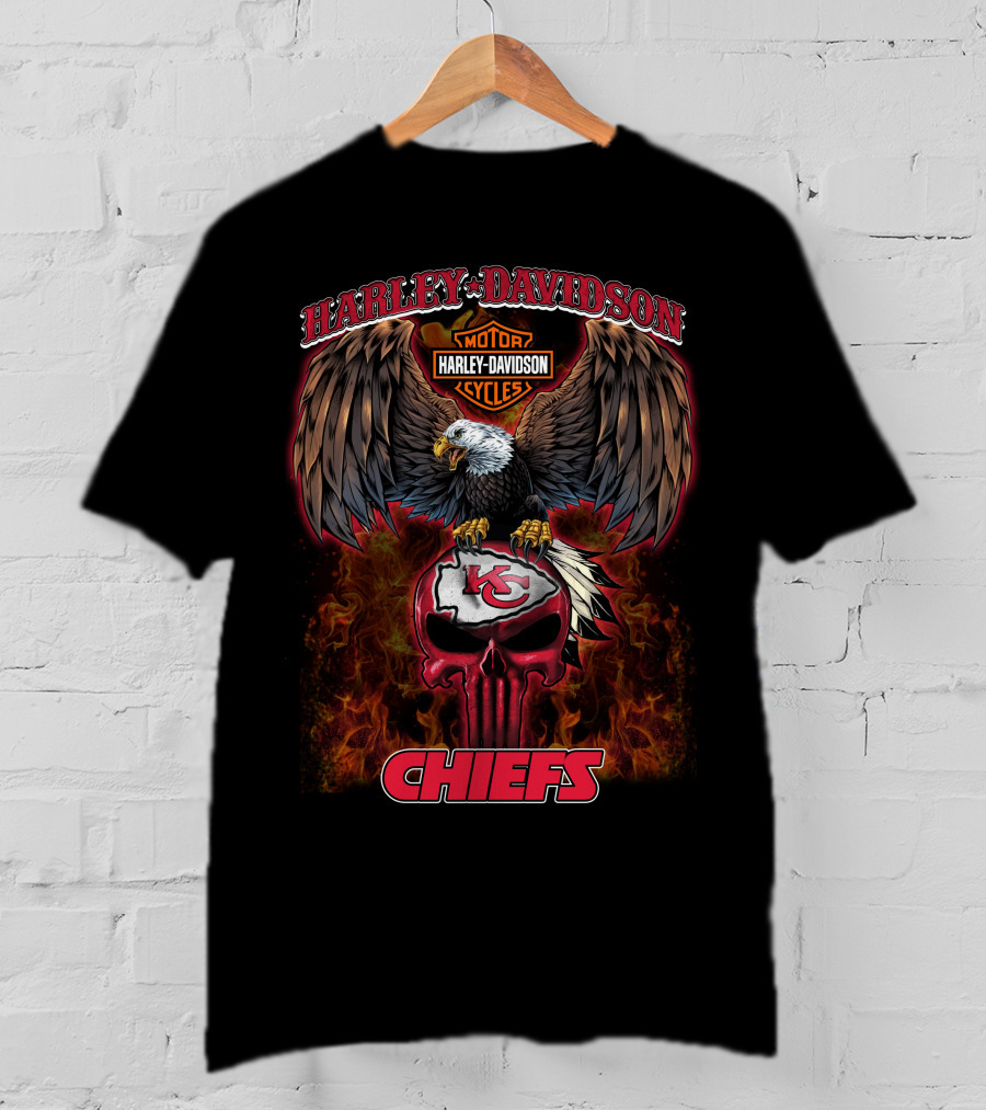 Harley Davidson Motor Cycles Kansas City Chiefs Eagle Skull Flames T-Shirt