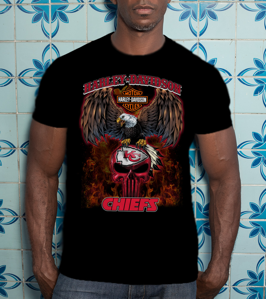 Harley Davidson Motor Cycles Kansas City Chiefs Eagle Skull Flames T-Shirt