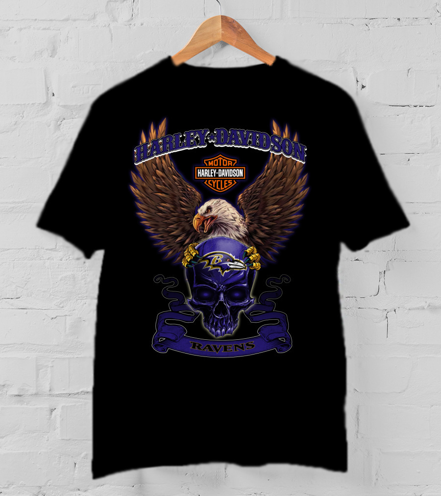 Harley Davidson Motor Cycles Baltimore Ravens Eagle Skull Ravens T-Shirt