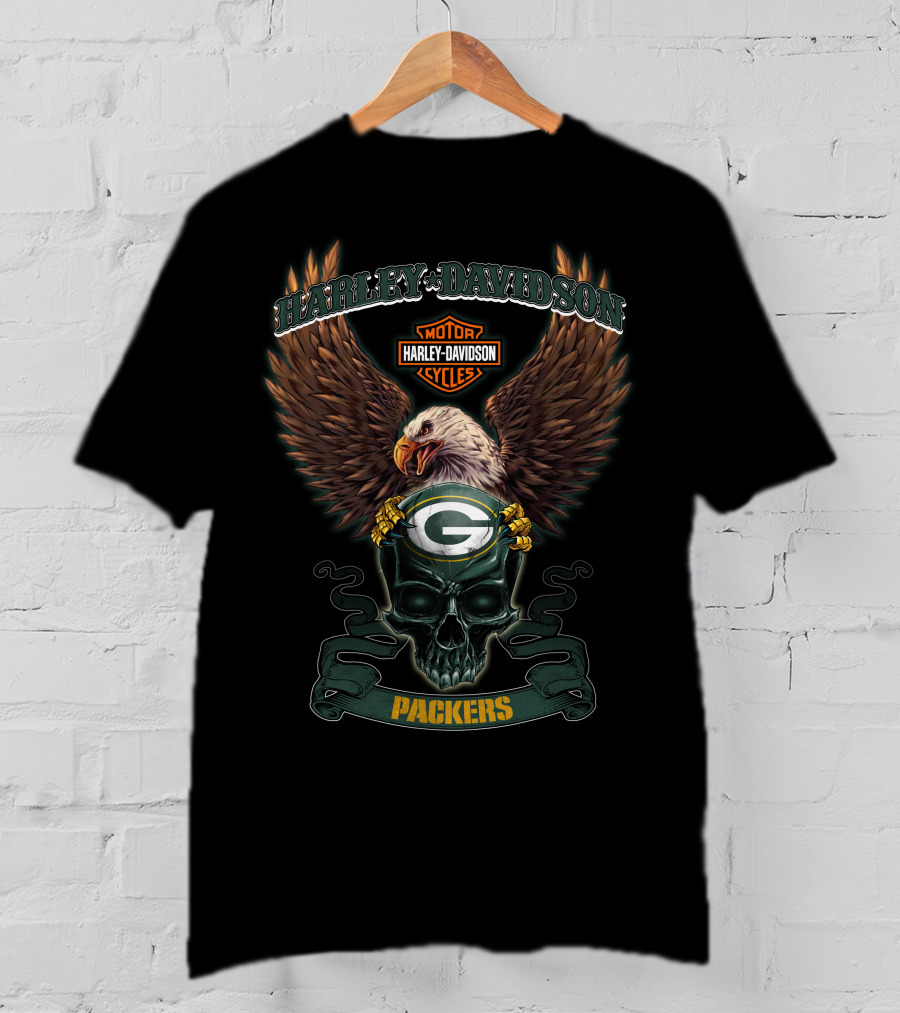 Harley Davidson Green Bay Packers Eagle Skull Motor Cycles T-Shirt