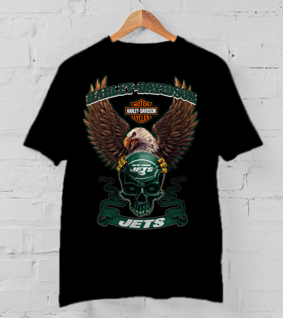 Harley Davidson Motor Cycles New York Jets Eagle Skull Jets T-Shirt