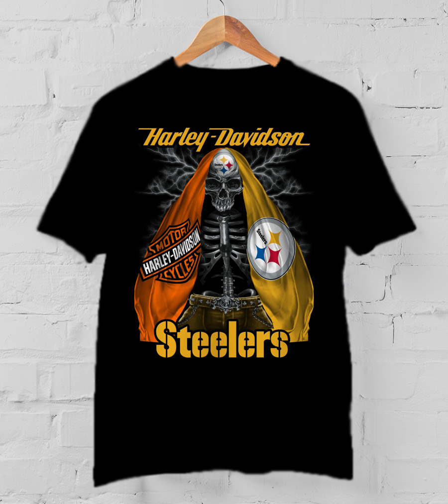 Harley Davidson Steelers Motorcycles Skull With Lightning T-Shirt