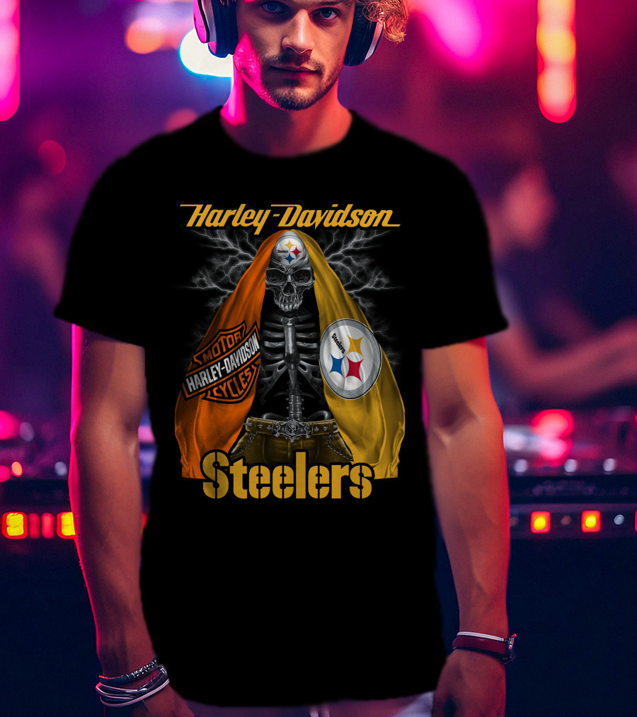 Harley Davidson Steelers Motorcycles Skull With Lightning T-Shirt