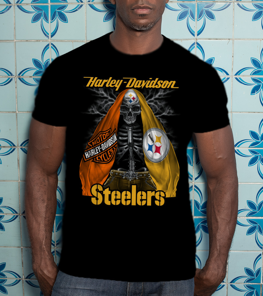 Harley Davidson Steelers Motorcycles Skull With Lightning T-Shirt