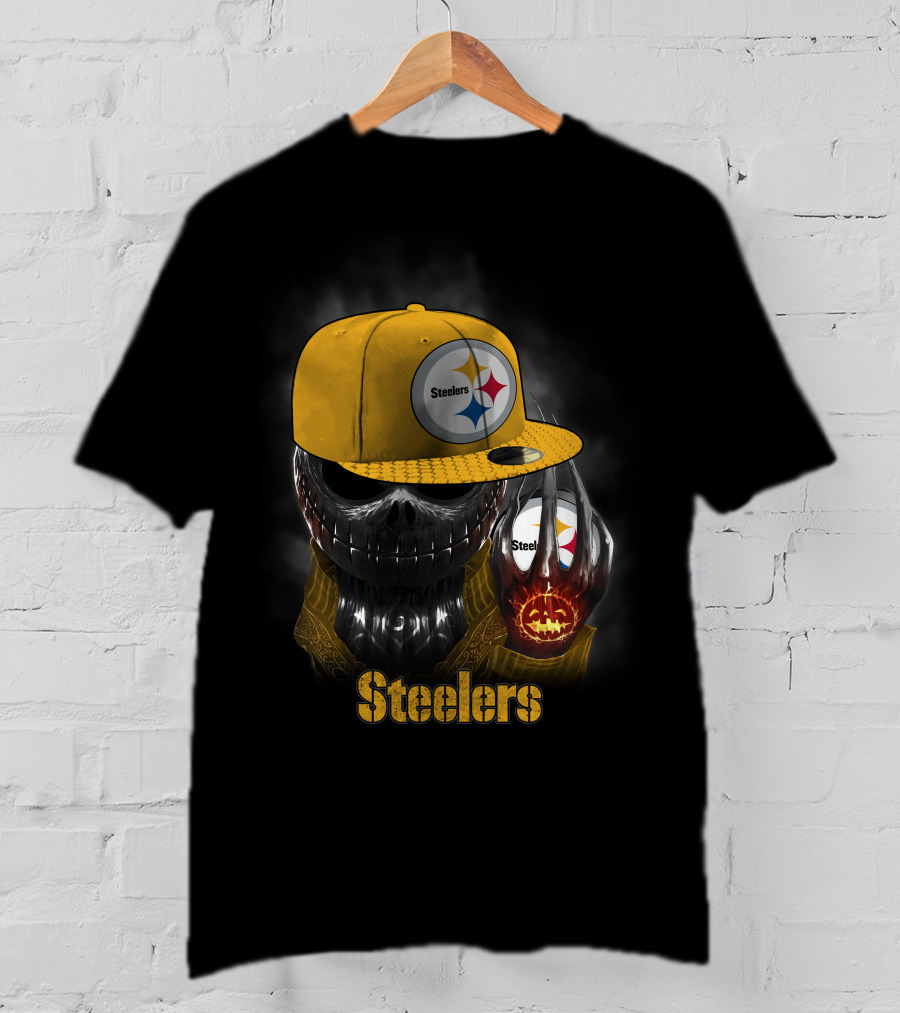 Steelers Skull With Yellow Cap And Pumpkin-Hand T-Shirt